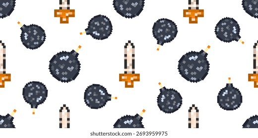 Pixel art game seamless background. Vector illustration Pixel bomb and sword Seamless pattern. Perfect Pixel retro game style wall decor template design. EPS 10
