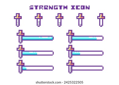 Pixel Art Game Strength Bar Progress and Sword Icons Set. 8 Bit Retro Computer Video Game UI HUD Blue Elements For Status Indicator and Animation. 