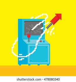 Pixel art game style arcade machine firework vector illustration