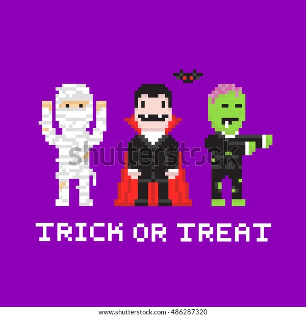 Pixel Art Game Style Cartoon Halloween Mummy Dracula Zombie Trick Or