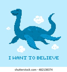 Pixel art game style flying loch ness cute monster vector illustration