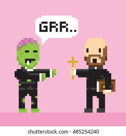 Pixel art game style halloween scary zombie and catholic priest vector illustration