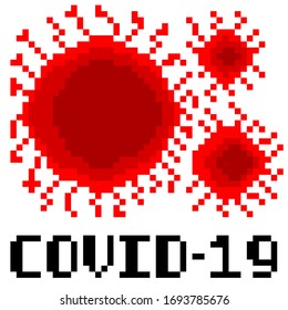 Pixel art game style microscopic view of COVID-19 on white background. Coronavirus vector illustration.
