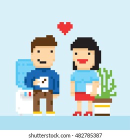 Pixel art game style office colleagues in love vector illustration