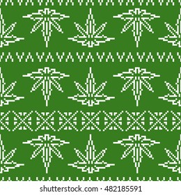 Pixel art game style old school sweater weed leaf seamless vector pattern green