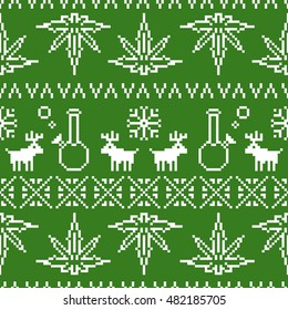 Pixel Art Game Style Old School Christmas Sweater Weed Seamless Vector Pattern Green