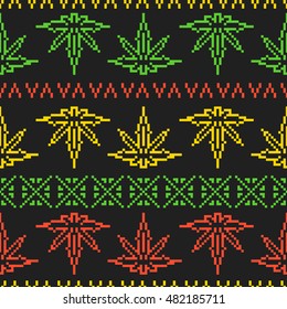 Pixel Art Game Style Old School Sweater Rasta Weed Leaf Seamless Vector Pattern 