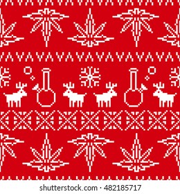 Pixel Art Game Style Old School Christmas Sweater Weed Seamless Vector Pattern Red