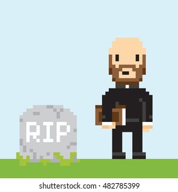 Pixel art game style priest on a funeral vector illustration