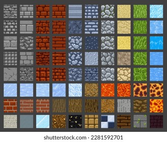 Pixel art game tile seamless patterns, vector retro 8 bit surface texture backgrounds. Stone, brick or fire lava, grass and sand desert or concrete block texture pattern tiles for game level platform