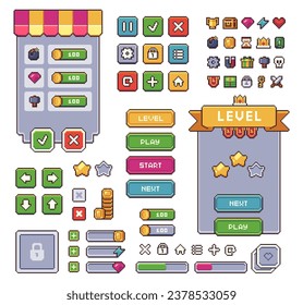 Pixel art game UI buttons. Mobile application interface elements. Progress bar, panel and indicators. Isolated video gaming menu kit. Vector retro style set