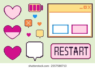 Pixel art game UI collection - hearts in different sizes, battery indicator, chat bubbles, interface frames and restart button. Vector set for retro gaming assets and 8-bit style interfaces.