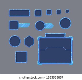 Pixel Art Game UI Set. Set Of Boarders In Futuristic Style. Vector Illustration.