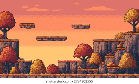 Pixel art game vector landscape with autumn trees and floating platforms. Retro 8 bit side-scrolling video game background.