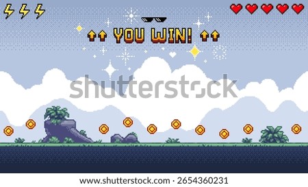 Pixel art game victory screen with "you win!" message above a landscape of coins and clouds for video game design.