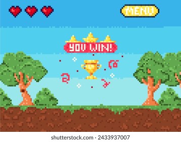 Pixel-Art-Spiel gewinnen Hintergrund. Retro 8-Bit-Videospiel-Schnittstelle mit You Win Text, Computerspiel-Ebene im Hintergrund. Win-Screen