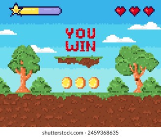 Pixel art game win background. Retro 8 bit video game interface with You Win text, computer game level up background. Win screen