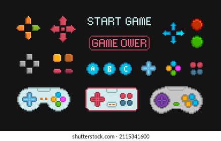 Pixel Art gamepad controls and buttons for 8-bit retro video game design  - vector collection. Console game  controllers and navigation 