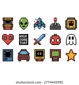 Иконки Pixel-арта с игровыми автоматами, инопланетянами, ракетами, джойстиками, сердцем, мечом, бомбой, призраком и автомобилем
