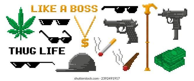 Pixel art gangsta rap accessories. Hip hop rapper pixelated sunglasses, cool gold chain, cigarette and black cap. Thug life vector icons of street texture grunge