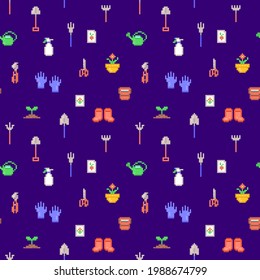 Pixel art garden tools on dark violet background, seamless pattern.  Gumboots, rake, bucket, sprayer, watering can, seeds, secateurs, fork, gloves, shovel, scissors, trowel, flowerpot symbols print.