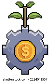 Pixel art gear with coin and plant vector icon for 8bit game on white background