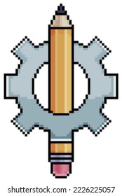 Pixel art gear with pencil, concept of ideas and creativity vector icon for 8bit game on white background
