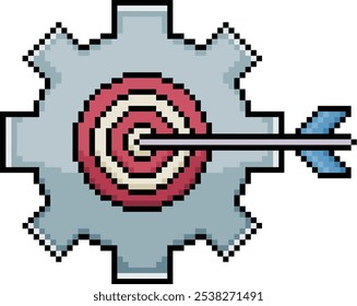 Pixel art gear with round target and arrow in 8 bit style on white background