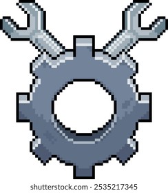 Pixel art of a gear with two wrenches in 8-bit style on a white background