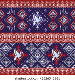 Pixel Art with Geometric Diamond Motifs and Ornamental Borders