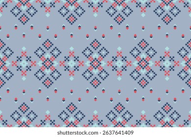 Pixel art geometric embroidery pattern in red and blue tones on a soft background. Inspired by traditional folk textile designs, perfect for digital and fabric projects.
