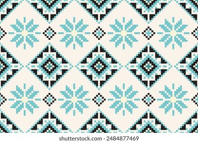 Pixel Art Patrón floral geométrico con acentos azules y negros