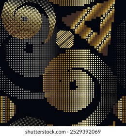 Pixel art geometric halftone gold 3d seamless pattern with half tone spiral, triangles, circles, squares. Luxury ornamental vector modern background. Beautiful digital style abstract trendy ornaments.