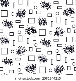 Pixel art geometric seamless pattern. Circular and rectangle ornament 8 bit endless background. 90s line art dithering repeat cover. Surface pattern design retro techno motif. Vector illustration.