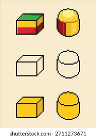 Pixel Art Geometric Shapes Definir cubo 3D e ícones de cilindro. Um conjunto versátil de primitivas geométricas de 8 bits estilo pixel art. 