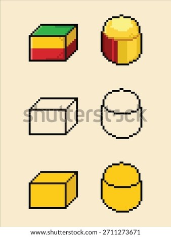 Pixel Art Geometric Shapes Set 3D Cube and Cylinder Icons. A versatile set of 8-bit style pixel art geometric primitives. 