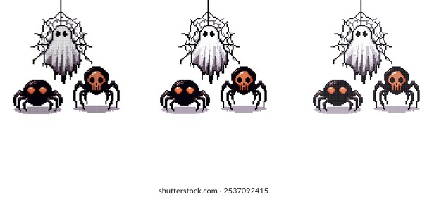 A pixel art ghost hangs from a spider web with two spiders below one with red eyes and the other with a skull face