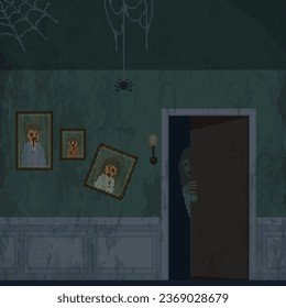 pixel art of ghost haunted house
