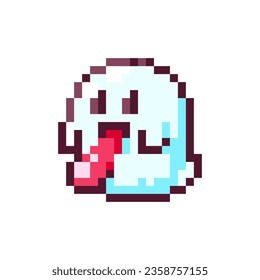 Pixel Art Ghost. Retro 8bit Style Halloween Decor Cute Spirit Illustration. Ideal for Sticker, Retro Decorative Video Game Element, Game Asset, Emoji, Avatar or Cute Geek Patch.	