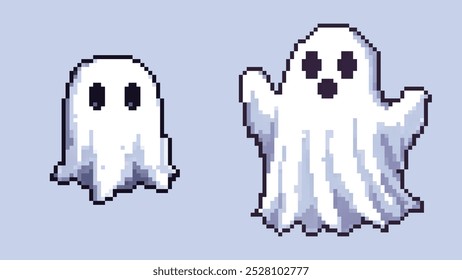 Pixel Art Ghost definido para Halloween com um fundo cinza.