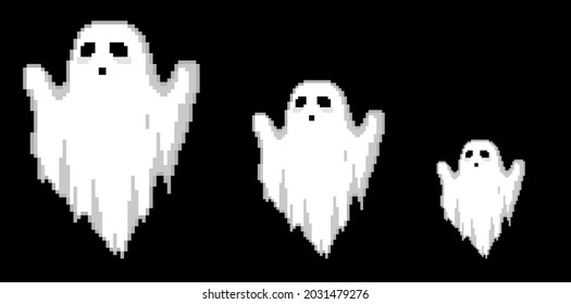 Gafas de arte de píxeles en juego. Ilustración de fantasmas de píxeles retro de Halloween de 8 bits. Vector wraith o colección de espectros para felices fiestas de halloween o activos de juego. Conjunto de bogart paranormal de arte de los píxeles.