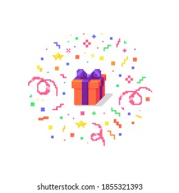 Pixel art gift box with confetti burst. Surprise concept icon. Vector illustration.