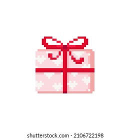 Pixel art gift box illustration. Vector pixel love gift with ribbon and hearts in pixelated mosaic retro game style. 8 bit vintage decor for valentine day. Pixel isolated icon on white background.