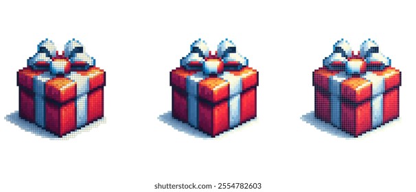 Pixel art gift box with red wrapping white ribbon and bow creating a festive and visually appealing design.