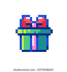 Pixel Art Gift Box. Retro 8 bit Style Merry Christmas and Happy New Year Winter Holidays Green Present with red ribbon Illustration. Ideal for Sticker, Retro Decorative Element, Patch, Avatar.	