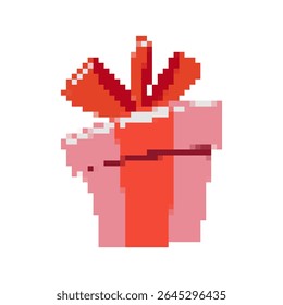 Pixel art gift box with vibrant red ribbon capturing a playful and nostalgic retro 8 bit style.