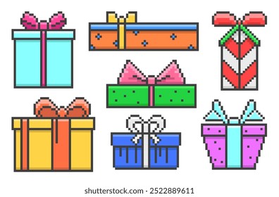 Pixel Art Gift Boxes with a Bow Set. Game gifts in retro style. Vector illustration