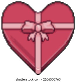 Pixel art gift in heart box vector icon for 8bit game on white background