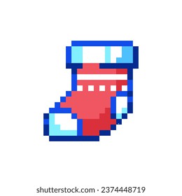 Pixel Art Gift Socks. Retro 8 bit Style Merry Christmas and Happy New Year Winter Holidays Illustration. Ideal for Sticker, Retro Decorative Element, Game Asset, Emoji, Patch or Cute Geek Avatar.	