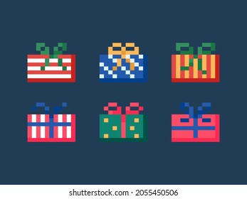 Pixel art gifts set. Vector 8 bit style retro illustration of winter Christmas present boxes. Isolated winter pixel gift boxes for video game, sticker or decoration. 8 bit gifts icon decorative set.